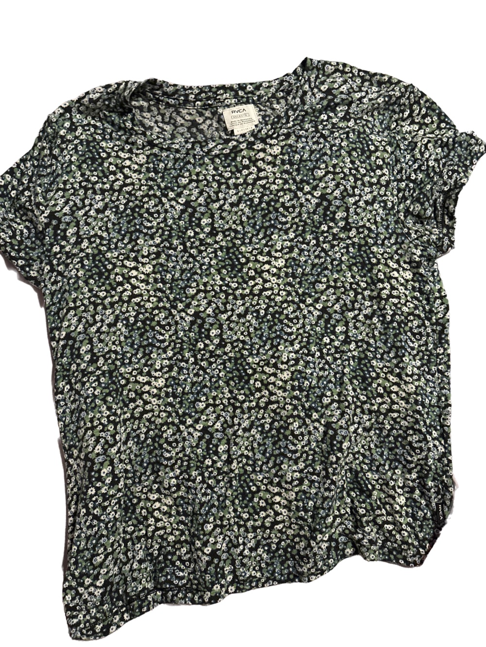 RVCA Green Floral Ditsy Print Top with White and Blue Accents